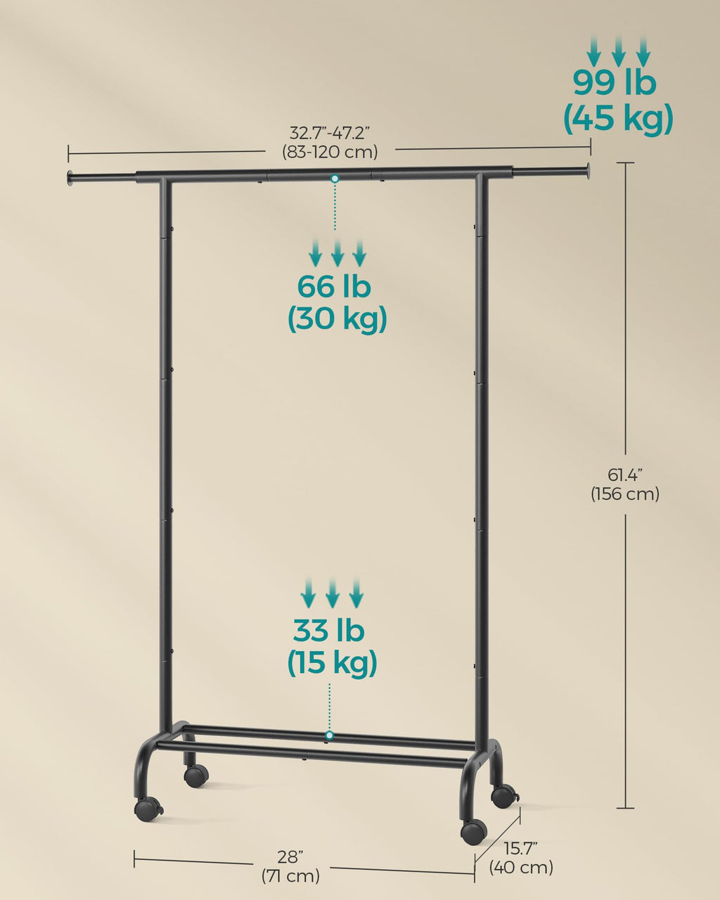 SONGMICS Clothes Rack, Single Clothing Rack, Garment Rack with Extendable Hanging Rails and Wheels, Heavy-Duty Metal Frame, 99 lb Total Max. Load, 32.7-47.2 Inches Wide, Ink Black UHSR134B01