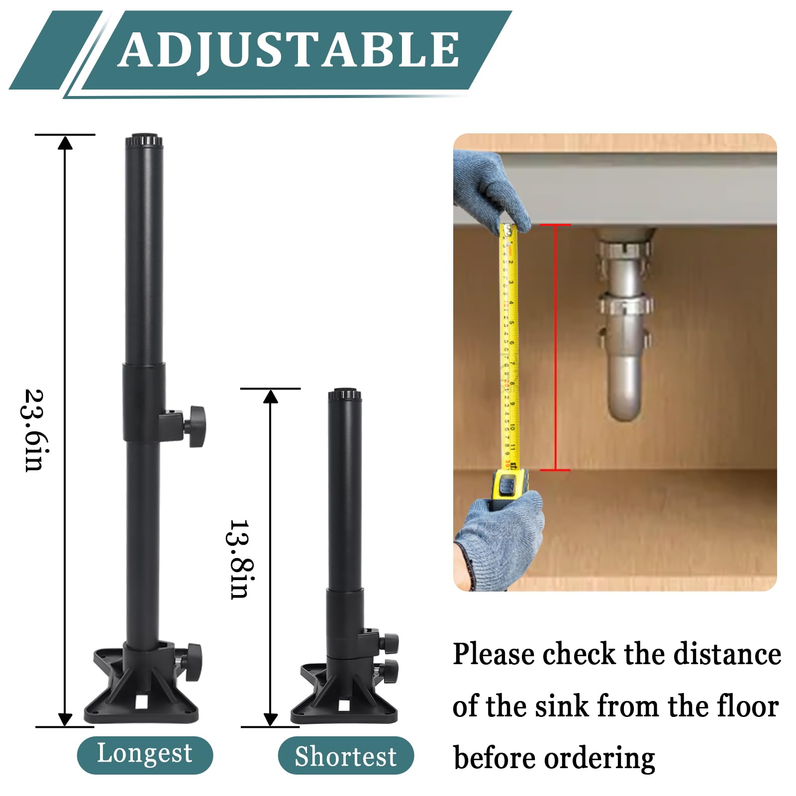 Undermount Sink Brackets, Stainless Steel Adjustable Sink Legs Installation and Repair Kit Support System with Waterproof Gloves for Kitchen, Bathroom.(13.8-23.6 inches)