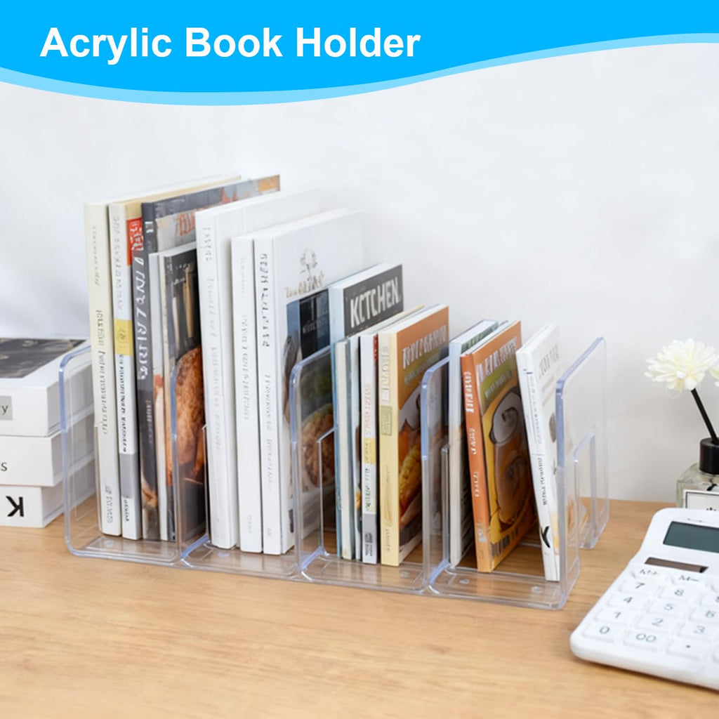 Marte Vanci Clear Acrylic File Sorter, Sturdy Desk File Organiser Shelf Book Holder Purse Handbag Clutch Dividers File Folder Rack for Letter Cookbooks Home Office Kitchen Supplies 4 Sections (2 Pcs)