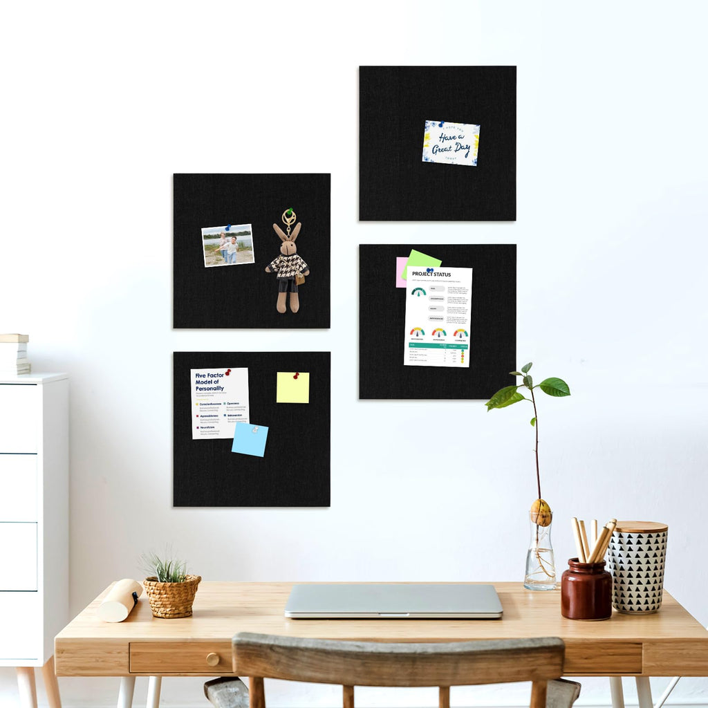 AMUSIGHT Large Cork Board Tiles, 4 Packs 12" x 12" 1/2" Thick Cork Bulletin Board Felt Board Self Adhesive Cork Boards for Walls Home Office Kitchen School, 40 Push pins, Black