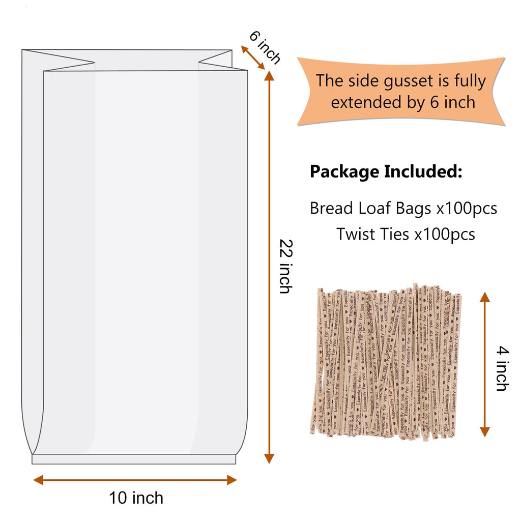Large Bread Poly Bags,100 Pcs 22x6x10 Inch Bread Loaf Packing Bags with 100 Twist Ties,Clear Thick Gusseted Grocery Bakery Bag (Extra Large-22x6x10)