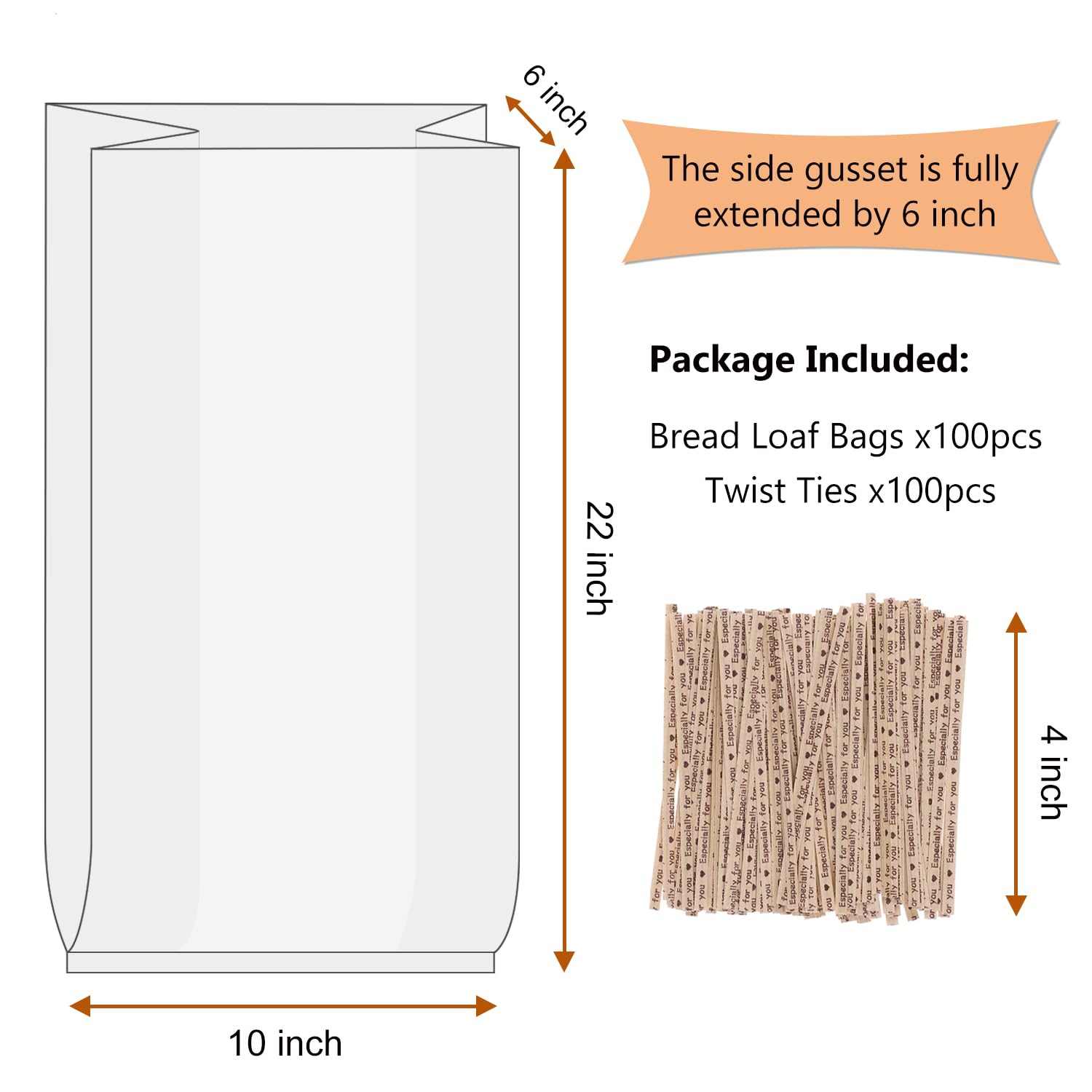 Large Bread Poly Bags,100 Pcs 22x6x10 Inch Bread Loaf Packing Bags with 100 Twist Ties,Clear Thick Gusseted Grocery Bakery Bag (Extra Large-22x6x10)