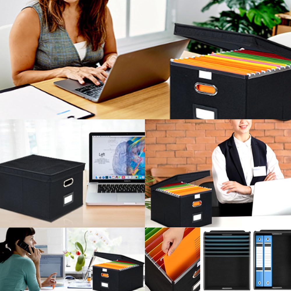 Portable File Organizer Box with Lid,File Management Box,Foldable Linen Hanging File Storage Box With Plastic Slide Rail,Durable Office/Home/School Box,Filling System for Folders Storage
