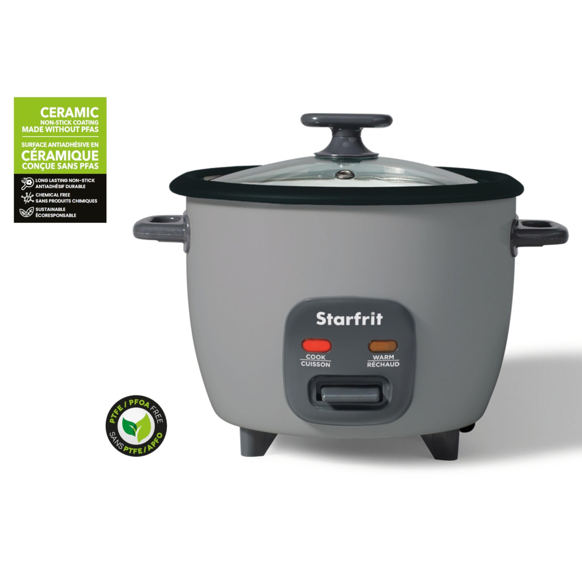 Starfrit Electric Rice Cooker – 10 Cups – Ceramic Non-Stick Coating without PFAS – Steamer Basket, Measuring Cup & Service Spoon - 400W - Grey