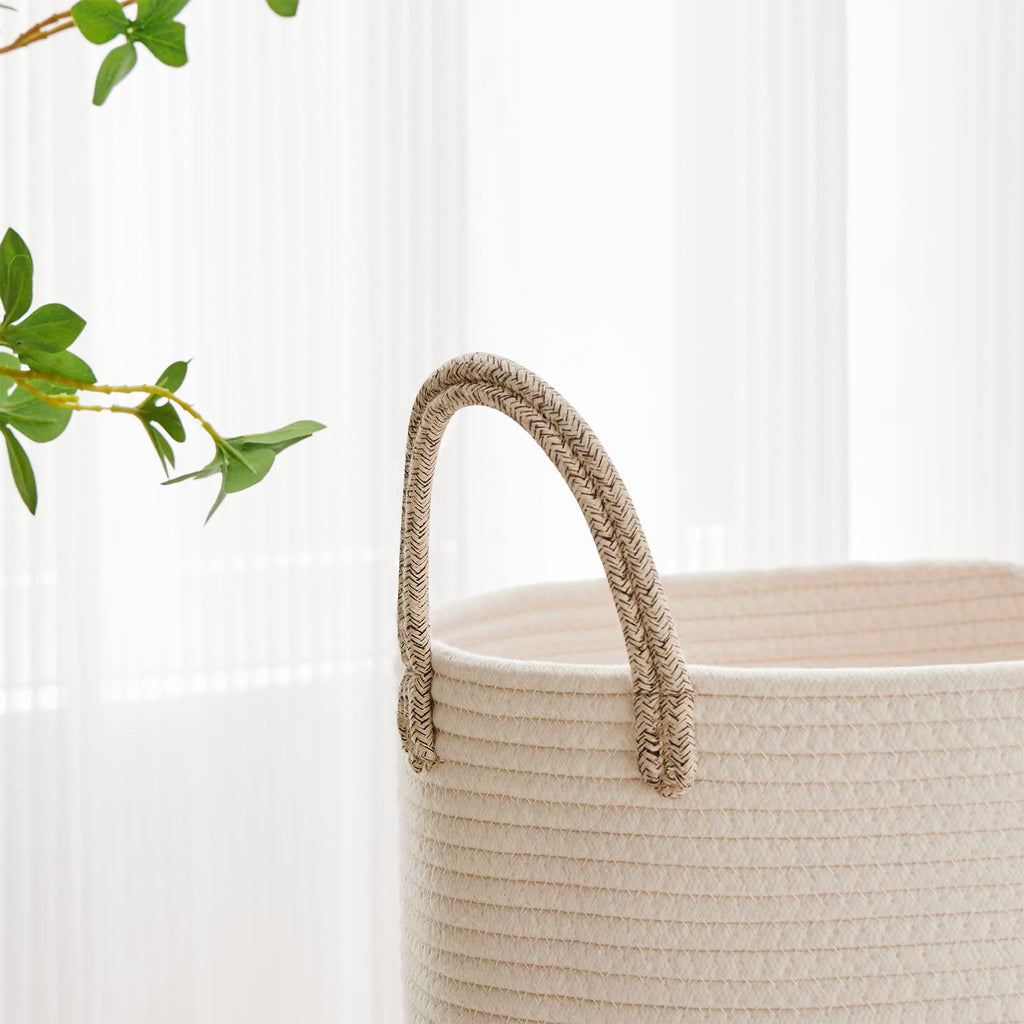 VIPOSCO Large Laundry Hamper, Tall Woven Rope Storage Basket for Blanket, Toys, Dirty Clothes in Living Room, Bathroom, Bedroom - 58L White & Brown