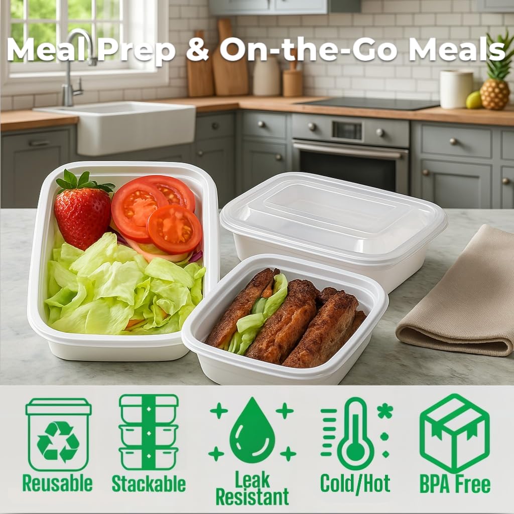 Golden Hub 50 Pack 16 oz White Meal Prep Containers with Lids, Rectangular Plastic Take Out Containers, Microwavable & BPA-Free Food Storage for Lunch & Portion Control