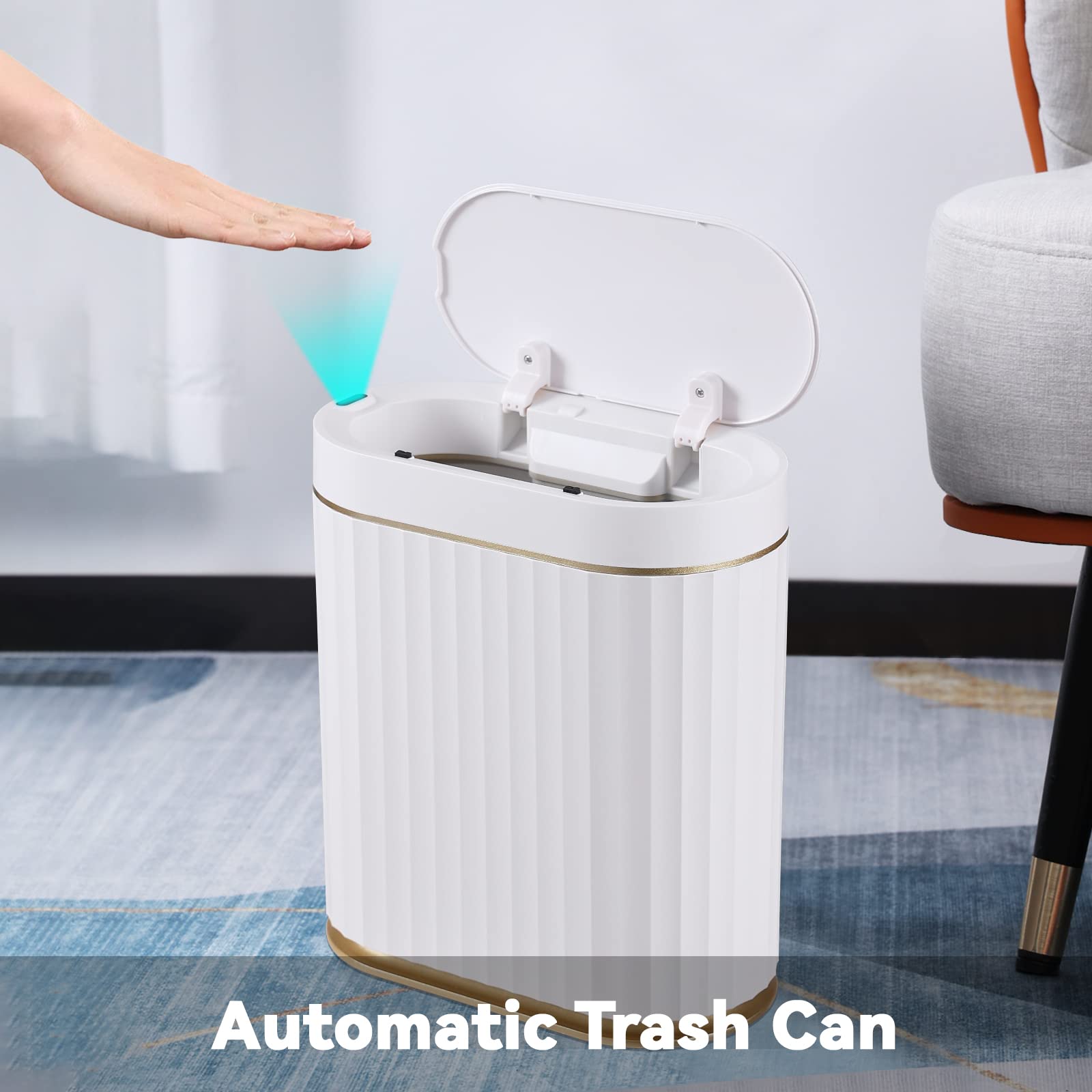 ELPHECO Automatic Motion Sensor Trash Can - 2 Gallon Slimline for Bathroom, Bedroom, Kitchen, Office - White with Gold Trim