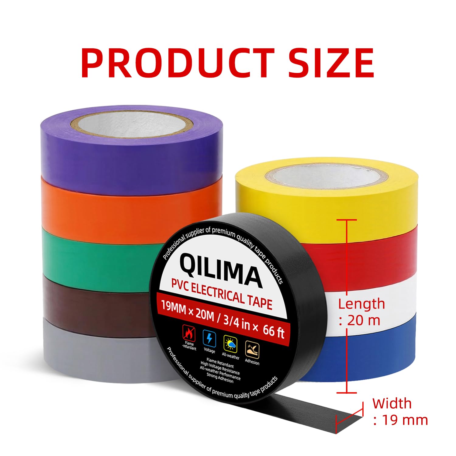 QILIMA Electrical Tape Colors 10 Pack 3/4-Inch by 60 Feet,Lead-Free Flame Retardant Electrical Tape, Adhesive for General Home Vehicle Auto Car Power Circuit Wiring Multicolor(130mic)
