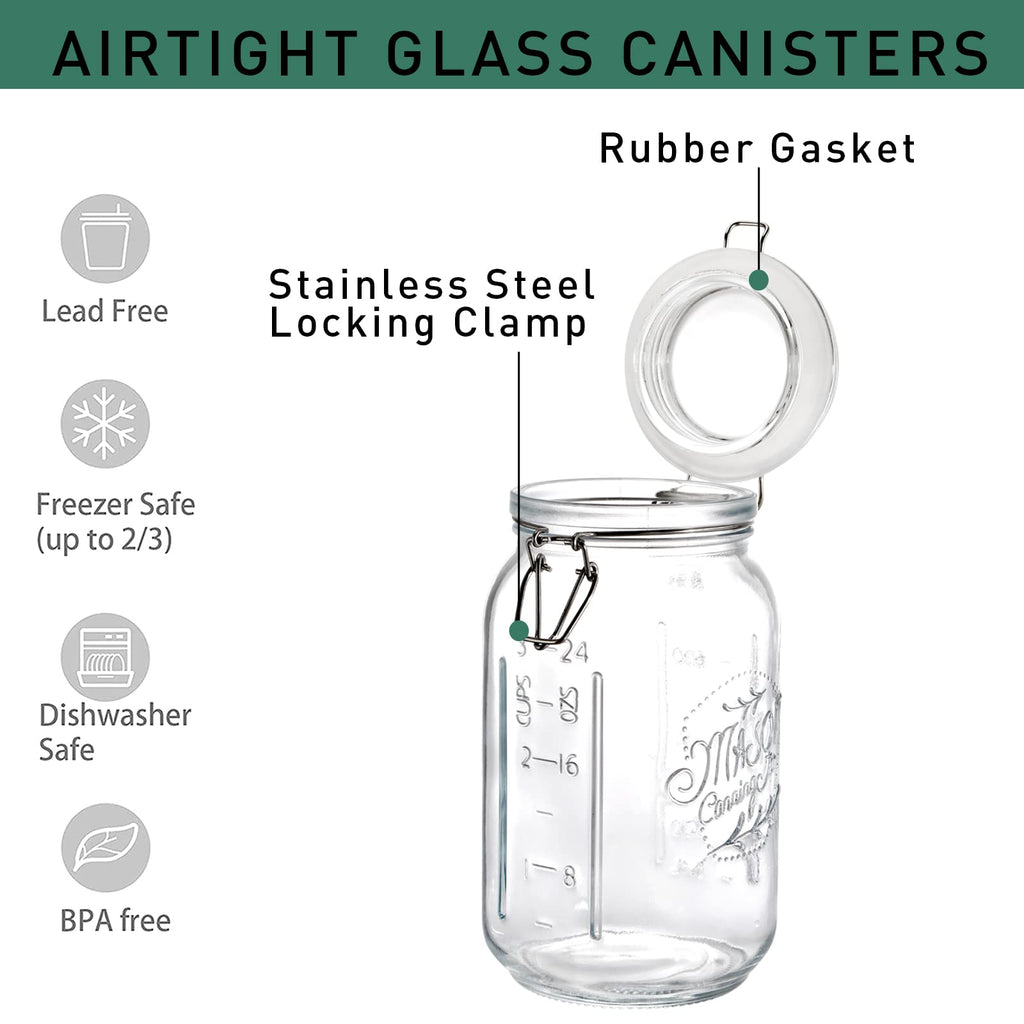 Tebery 4 Pack Clear Wide Mouth Glass Mason Jars with Airtight Clamp Lids, 32Oz Glass Storage Containers Large Kitchen Canisters for Food, Flour, Pasta, Coffee, Candy, Dog Treats, Snacks & More