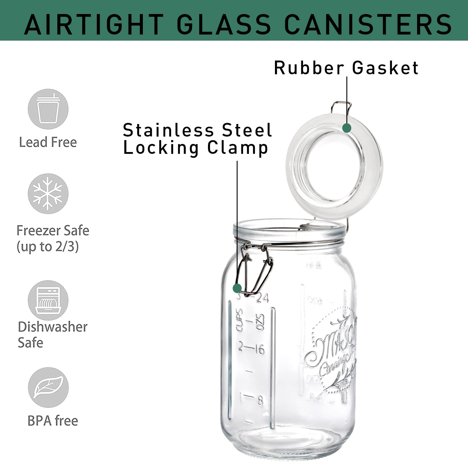 Tebery 4 Pack Clear Wide Mouth Glass Mason Jars with Airtight Clamp Lids, 32Oz Glass Storage Containers Large Kitchen Canisters for Food, Flour, Pasta, Coffee, Candy, Dog Treats, Snacks & More