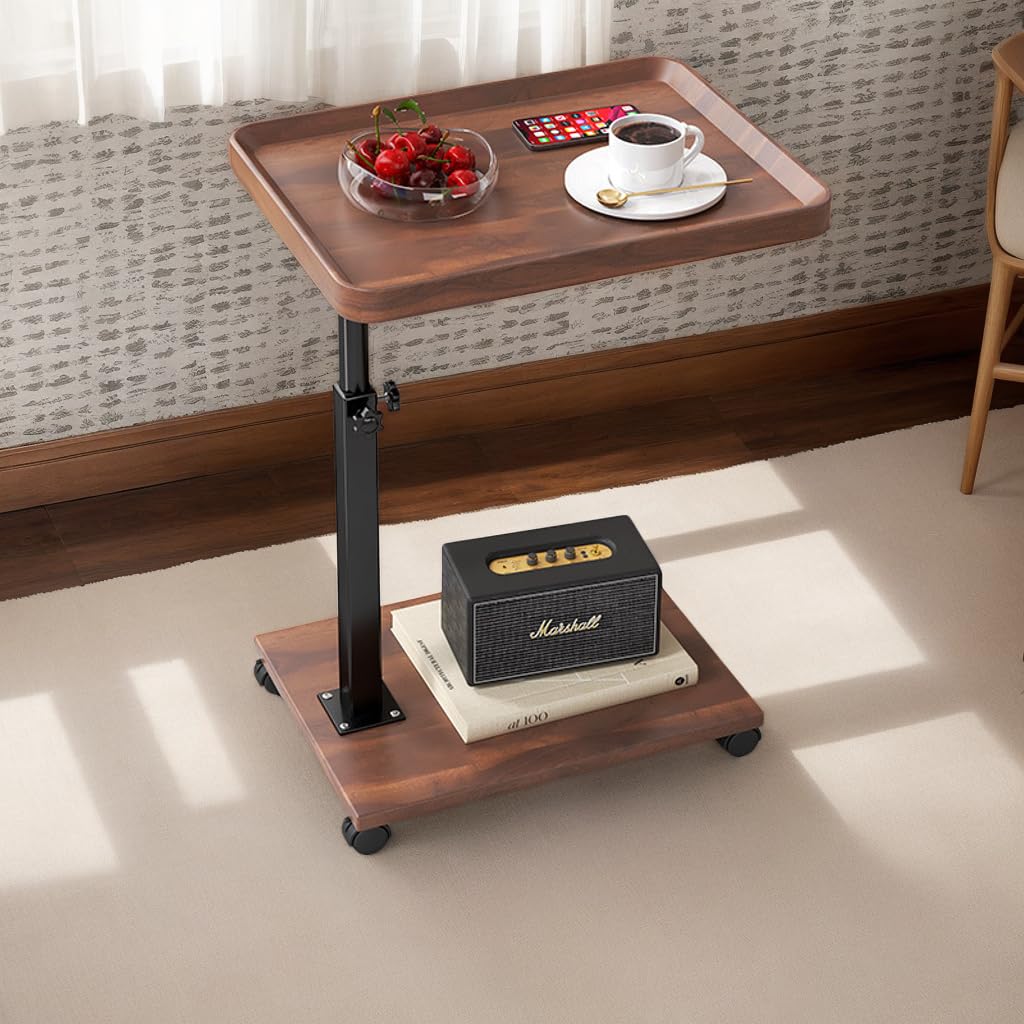 Premium Adjustable C-Shaped TV Tray Sofa Side Table with Wheels – Couch Tray for Snacks, Food, TV, Bed, Bathroom, or Study Use (Brown)