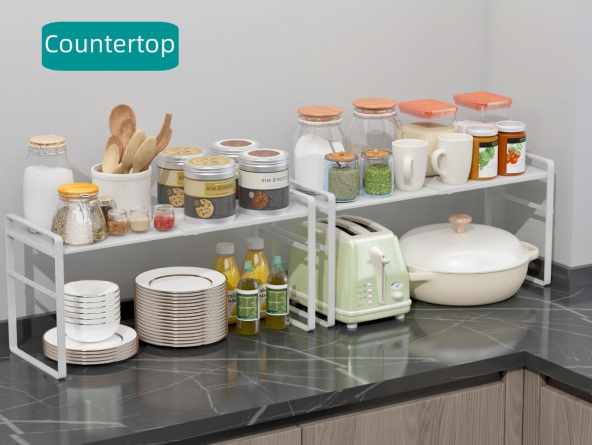 Expandable Cabinet Shelf Organizer Riser for Kitchen Pantry Cupboard Under Sink Countertop,Kitchen Cabinet Shelf 8.2’’D * 12.2-23.6’’W * 10.4’’(White)