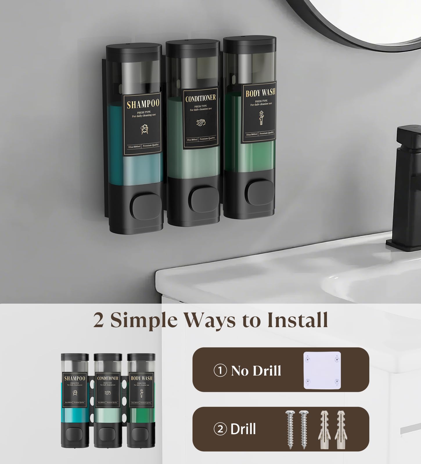 Luxspire Shampoo and Conditioner Dispenser, No Drill Wall Mounted Shower Soap Dispenser 3 Chamber with Waterproof Labels, Easy Refill Soap Dispenser for Bathroom Hotel Kitchen, Black
