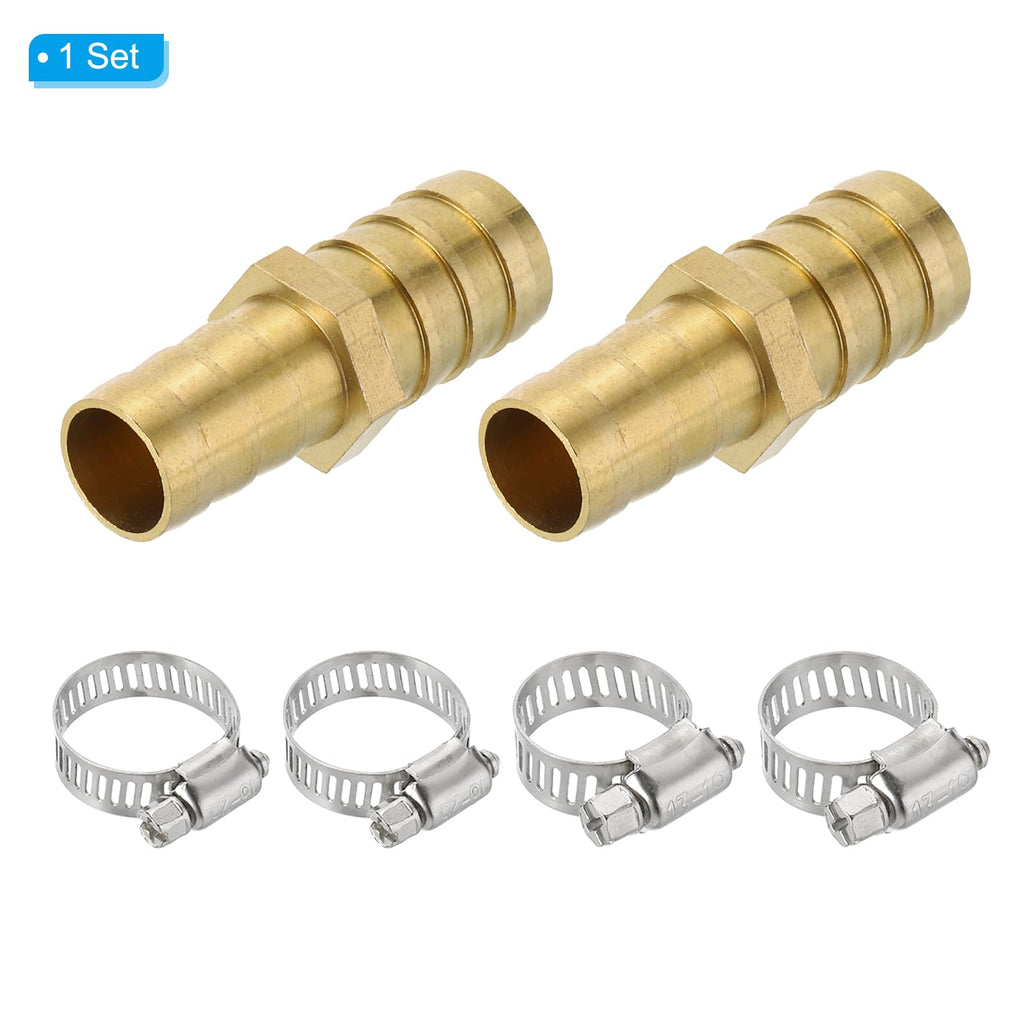 PATIKIL 5/8" to 3/4" Brass Hose Barb Reducer, 2Pcs Barbed Hose Fittings with 4 Stainless Steel Clamps Reducing Splicer Mender Union Adapter for Air Water Fuel