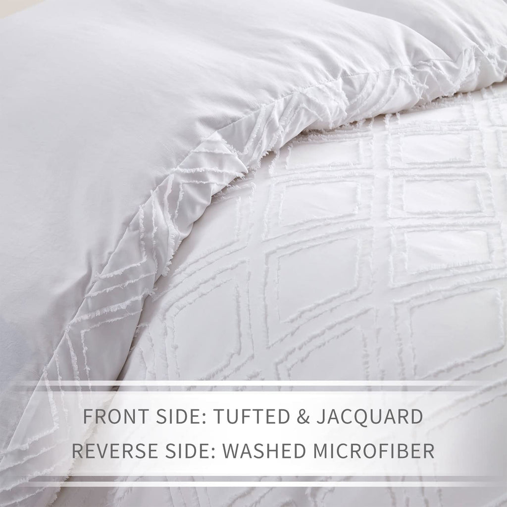 Maple&Stone Queen Duvet Cover Set, 3 Pieces Textured Tufted Boho Bedding Sets Zipper Closure Design with Ties, 1 Duvet Cover + 2 Pillow Shams, Comforter NOT Included (White, Queen Size)