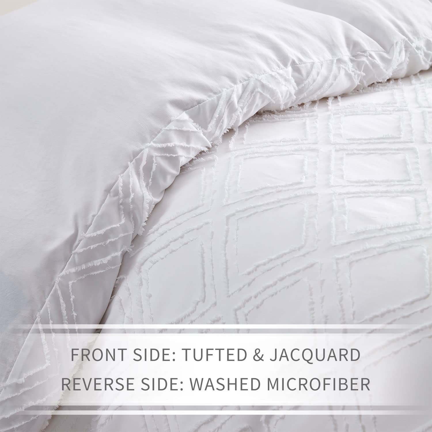 Maple&Stone Queen Duvet Cover Set, 3 Pieces Textured Tufted Boho Bedding Sets Zipper Closure Design with Ties, 1 Duvet Cover + 2 Pillow Shams, Comforter NOT Included (White, Queen Size)