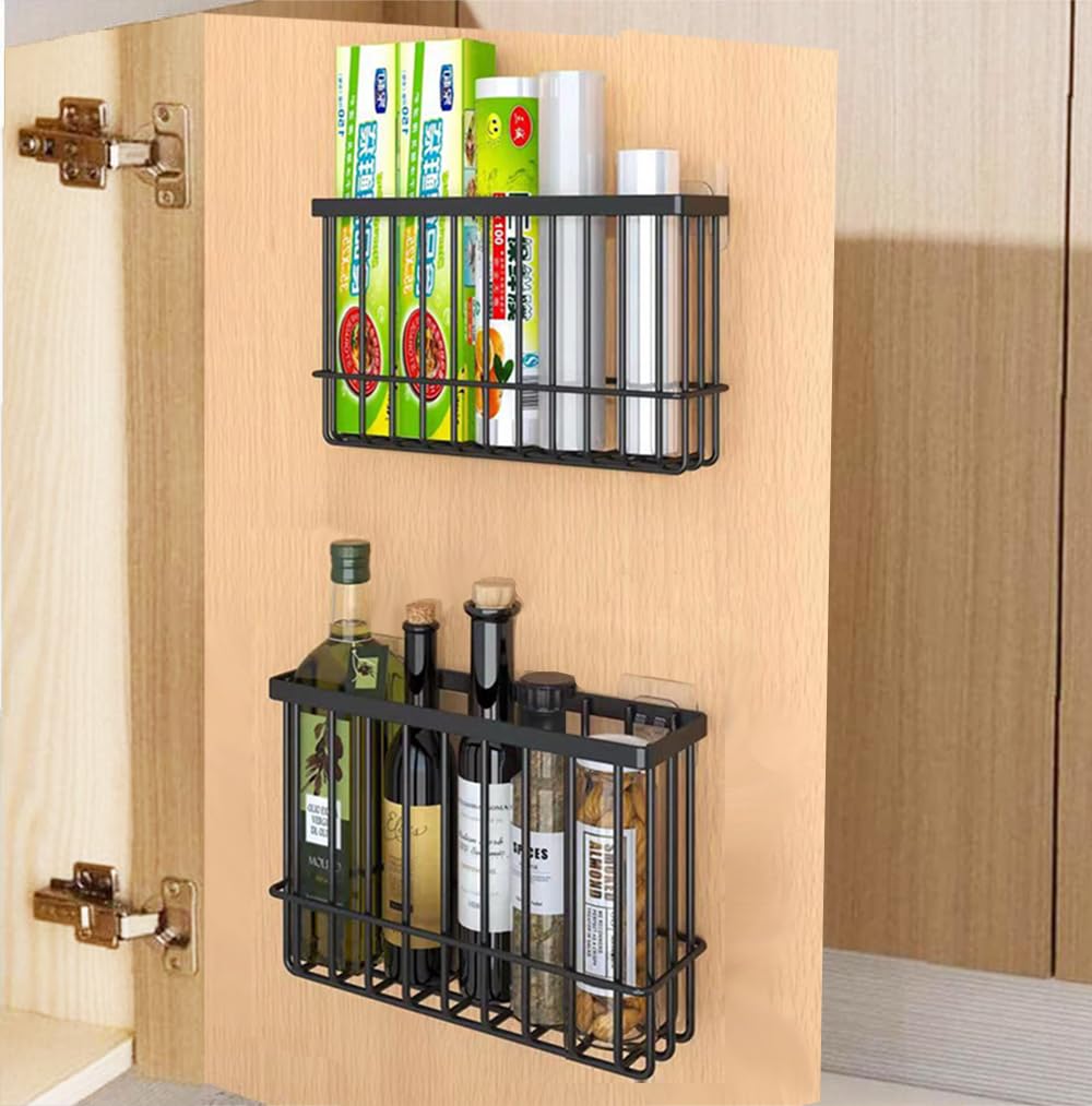 EigPluy 2 Pieces Kitchen Cabinet Door Storage Box, Self-Adhesive Storage Boxes, Wall Mounted Metal Storage Boxes,Cabinet/Bathroom/Fridge Small Items Organiser Storage Box (Black)