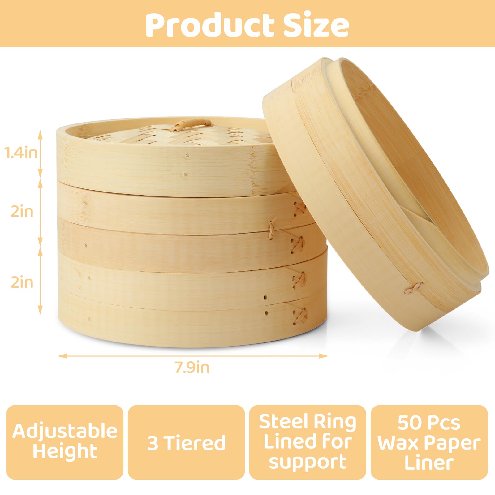 QTLCOHD Bamboo Steamer 8 Inch 3 Tier Dumpling Steamer Basket for Cooking Small Food Steamers for Dim Sum Bao Bun Rice Vegetable