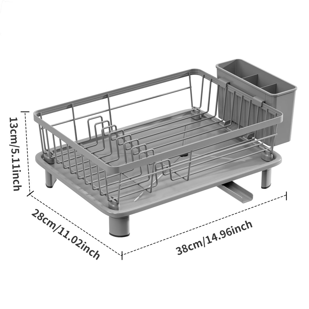 BULIJUJU Small Dish Drying Rack, Space Saving Dish Racks for Kitchen Counter, Kitchen Organizer Dish Drainer with Cutlery Holder for Spoons and Forks, 11''W x 15''L, Gray