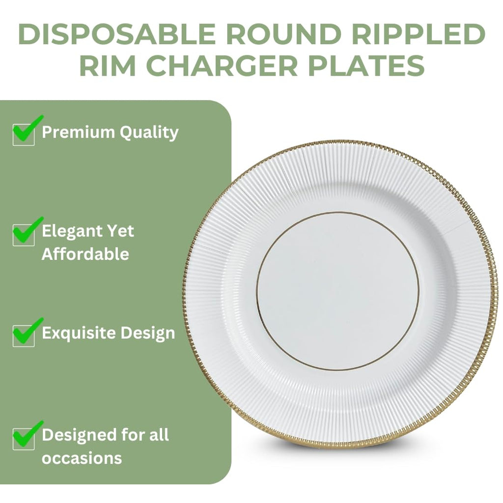 Elegant White/Gold Plastic Charger Paper Plates with Ruffled Rim - 13" (Pack of 18) - Perfect for Anniversary, Wedding, Thanksgiving Celebrations & More