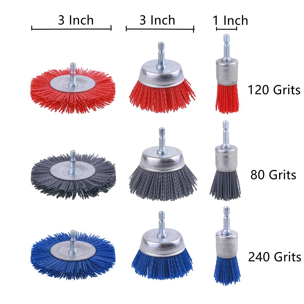 AOKLIT 9 Pack 80 Grit, 120 Grit, 240 Grit Nylon Filament Abrasive Wire Brush Wheel & Cup Brush Set with 1/4 Inch Hex Shank, for Removal of Rust/Corrosion/Paint