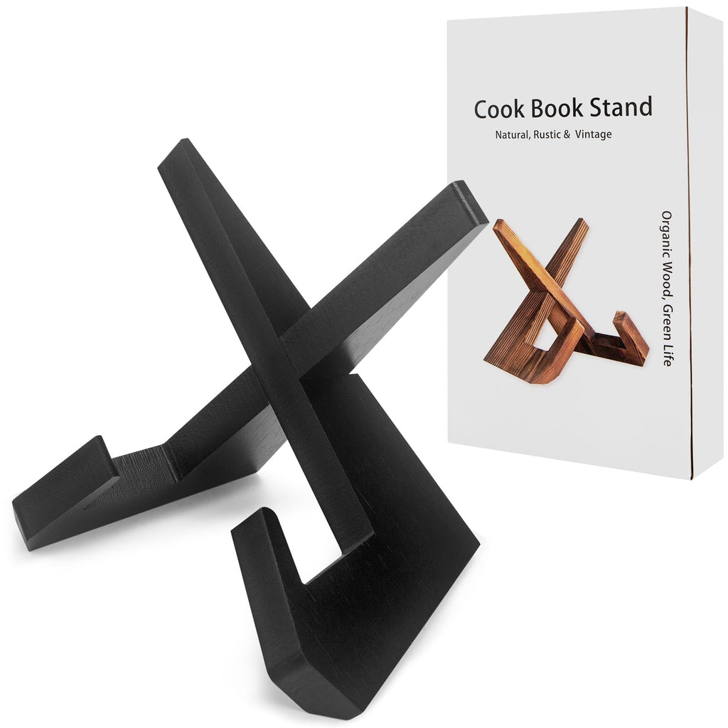Rustic Black Cookbook Stand for Kitchen, Recipe Book Holder for Kitchen Counter, Wooden Cookbook Holder, Rustic Cook Book Holder Stand with Natural Wooden Grains (1 in Black)