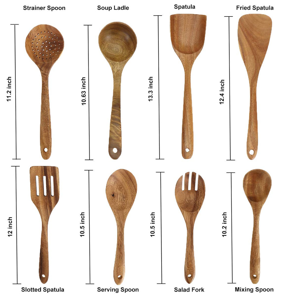 Bekith 8 Pack Wooden Spoons for Cooking, Kitchen Utensils Set, Natural Teak Long Wood Spoon and Spatula for High Heat Stirring, Baking, Non Stick Pots and Pans