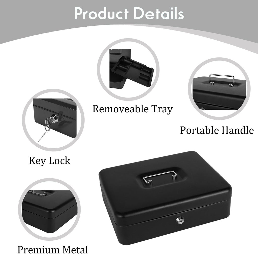 Cash Box with Lock and Money Tray Metal Money Box for Cash Lock Box for Money Safe 9.84" x 7.87" x 3.54" Large Black