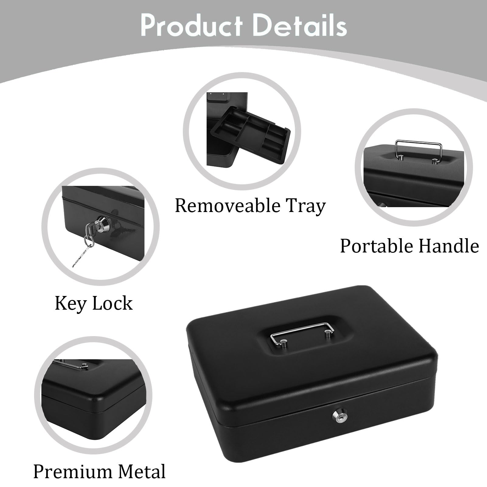 Cash Box with Lock and Money Tray Metal Money Box for Cash Lock Box for Money Safe 9.84" x 7.87" x 3.54" Large Black