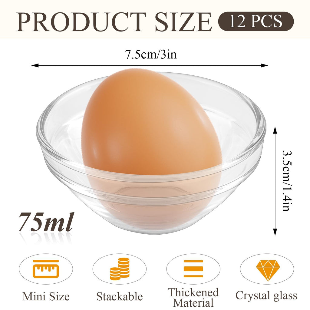 Supkiir 2.5oz Glass Pinch Bowls, 12 Pcs Small Clear Meal Prep Bowls, 3" Mini Dipping Sauce Dish Glass Bowls for Spices, Sauces, Condiment, Toppings