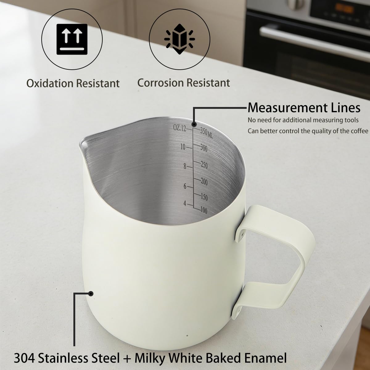 Uhuida Milk Frother Cup, 12oz/350ml Milk Pitcher, Thickened 304 Stainless Steel Milk Frothing Pitcher for Espresso Coffee, Milk(White)
