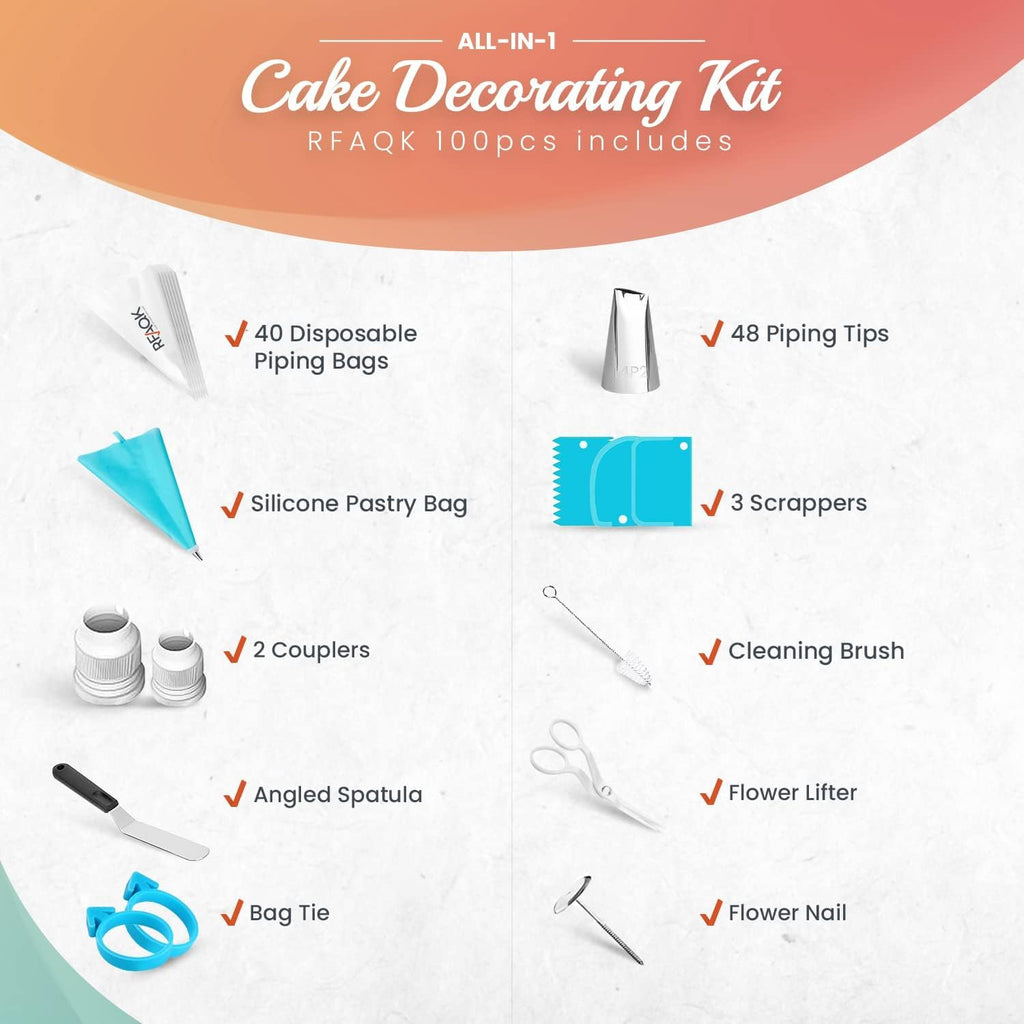 Piping Bags and Tips | RFAQK 100 PCs Cake Decorating Kit with Spatula-Scrappers-48 Numbered Stainless Steel Piping Tips & Icing Bags-Reusable Silicon Bag-Pattern Chart, EBook & Other Icing Piping Set