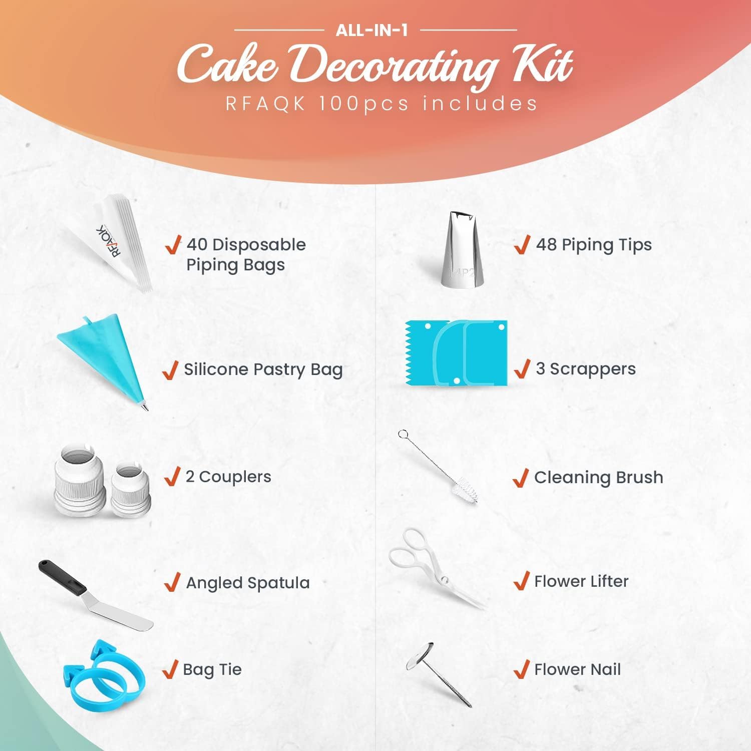 Piping Bags and Tips | RFAQK 100 PCs Cake Decorating Kit with Spatula-Scrappers-48 Numbered Stainless Steel Piping Tips & Icing Bags-Reusable Silicon Bag-Pattern Chart, EBook & Other Icing Piping Set