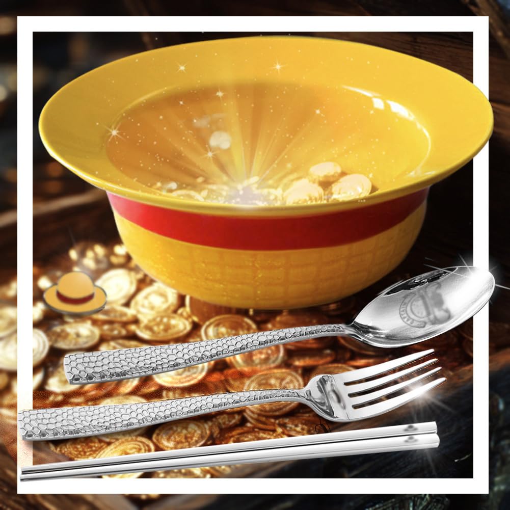 5-in-1 Gift Set - Straw Hat Shaped Ceramic Bowl with Stainless Steel Utensils - Novelty Ramen Bowl for Noodles, Salad, Cereal - Unique Japanese Style Bowl Decor Gift for Anime Lovers
