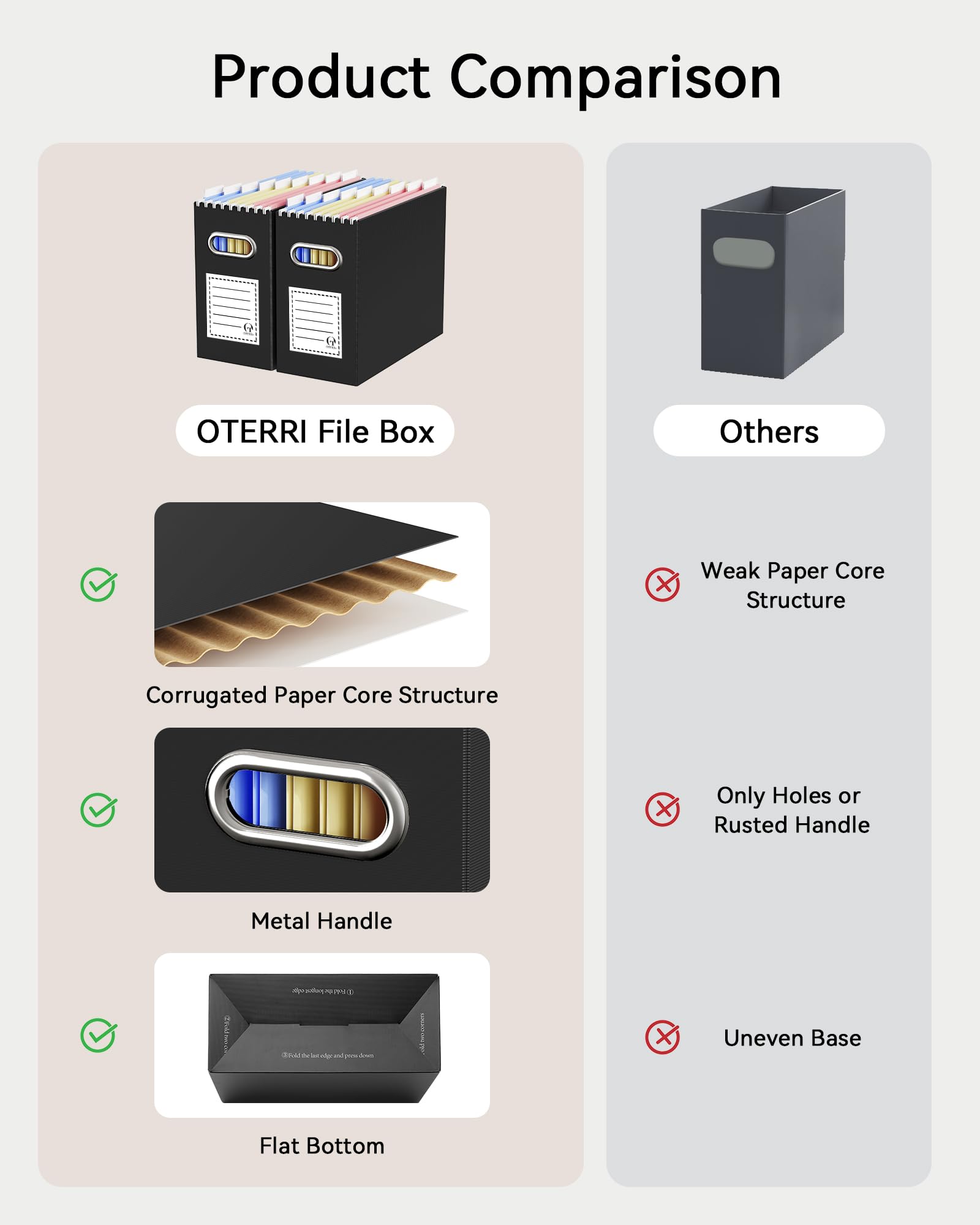 Oterri File Organizer for Hanging Folders Letter Size, Cardboard File Storage Box with Handle, File Box, Folder Organizer for Office, Home or School, 2 Packs, Black (No Folders)