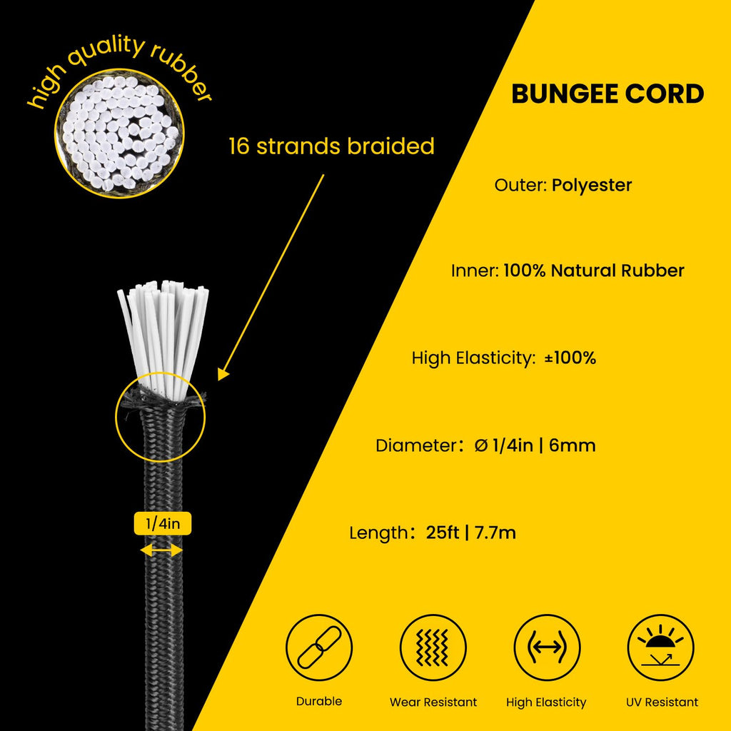 Brotree Bungee Cord Elastic Shock Cord 1/4" x 25' Bungee Rope for DIY, Tie Downs, Kayak and Outdoor - Black