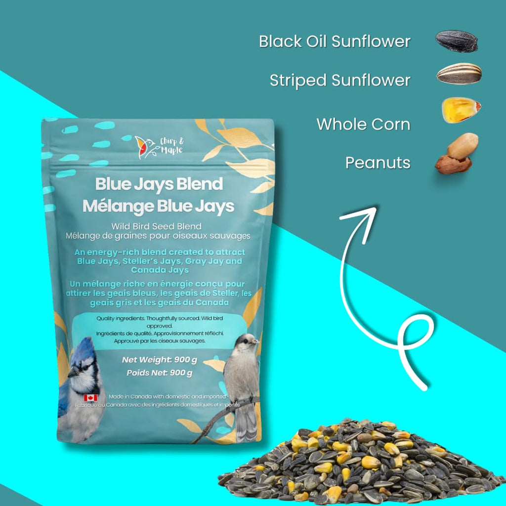Blue Jay Bird Food – Chirp & Maple Blue Jays Blend, Premium Bird Seed with Peanuts, Corn & Sunflower, Feed for Jays, Steller's Jays & Canada Jays, 900g