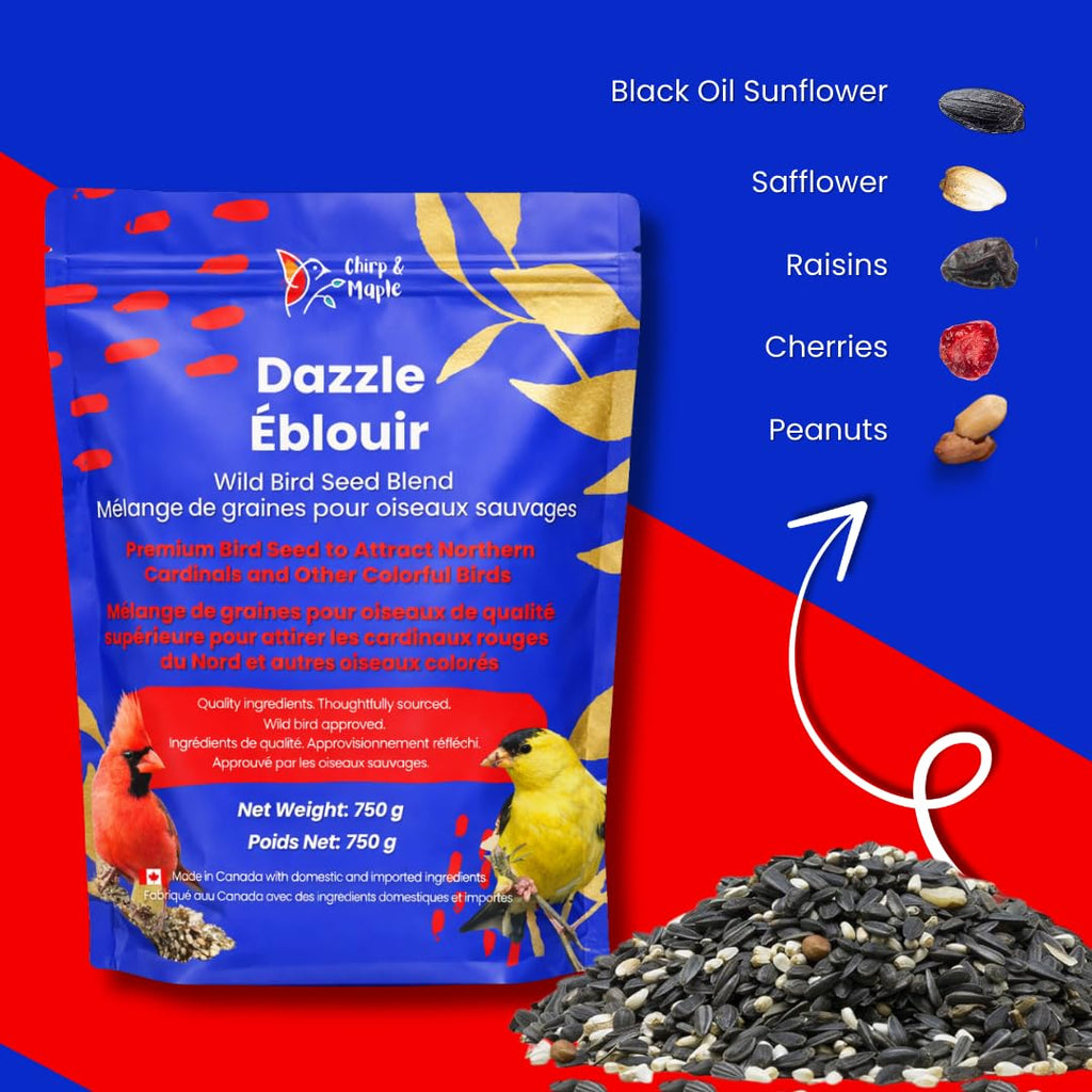 Cardinal Bird Food – Chirp & Maple Dazzle, No Mess Premium Bird Seed for Northern Cardinals, Blue Jays & Grosbeaks, Fruit & Nut Blend with Safflower & Peanuts, 750g