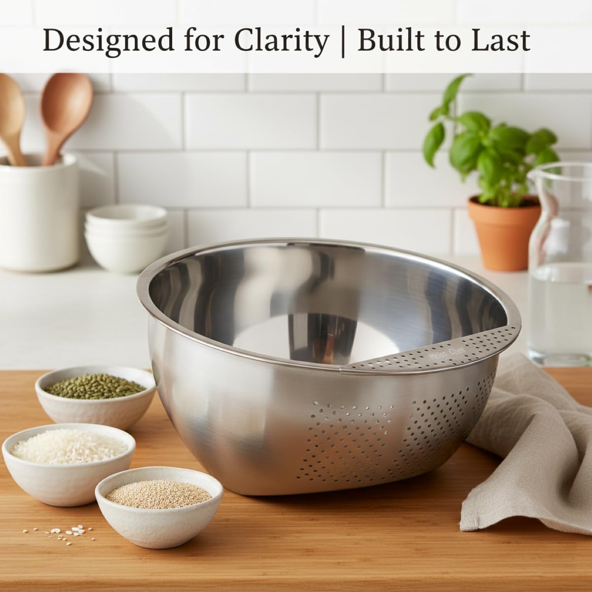 Helen's Asian Kitchen Professional Rice Washing Bowl – Stainless Steel Rice Rinser Strainer with Side Drainer, 3-Quart Capacity. Ideal for Quinoa, Rice, Grains, Legumes, Vegetables. Kitchen Essential