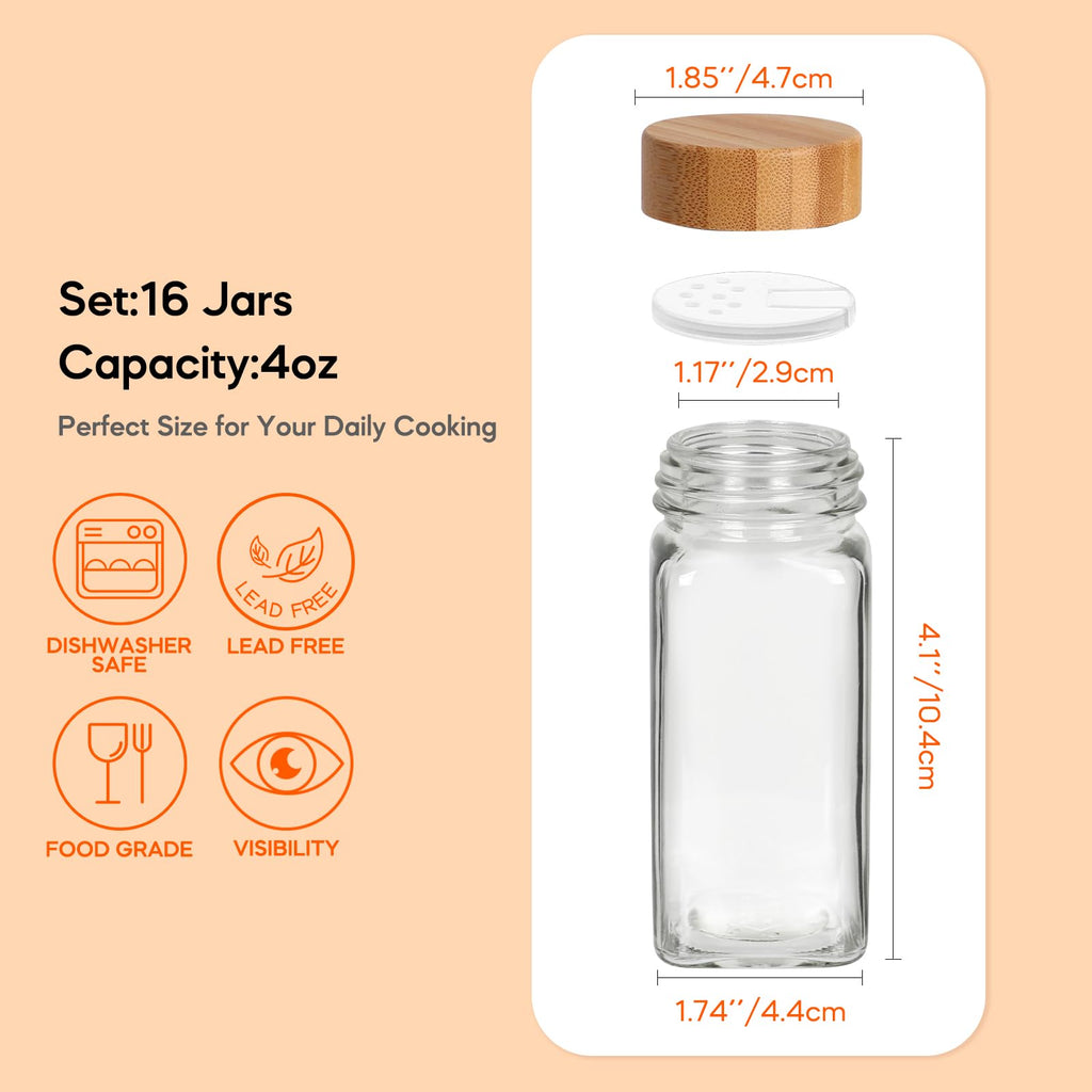 4oz Spice Jars with Bamboo Lids, 16pcs Glass Spice Jars with Labels, Shaker Lids, Funnel, Chalk Pen and Brush