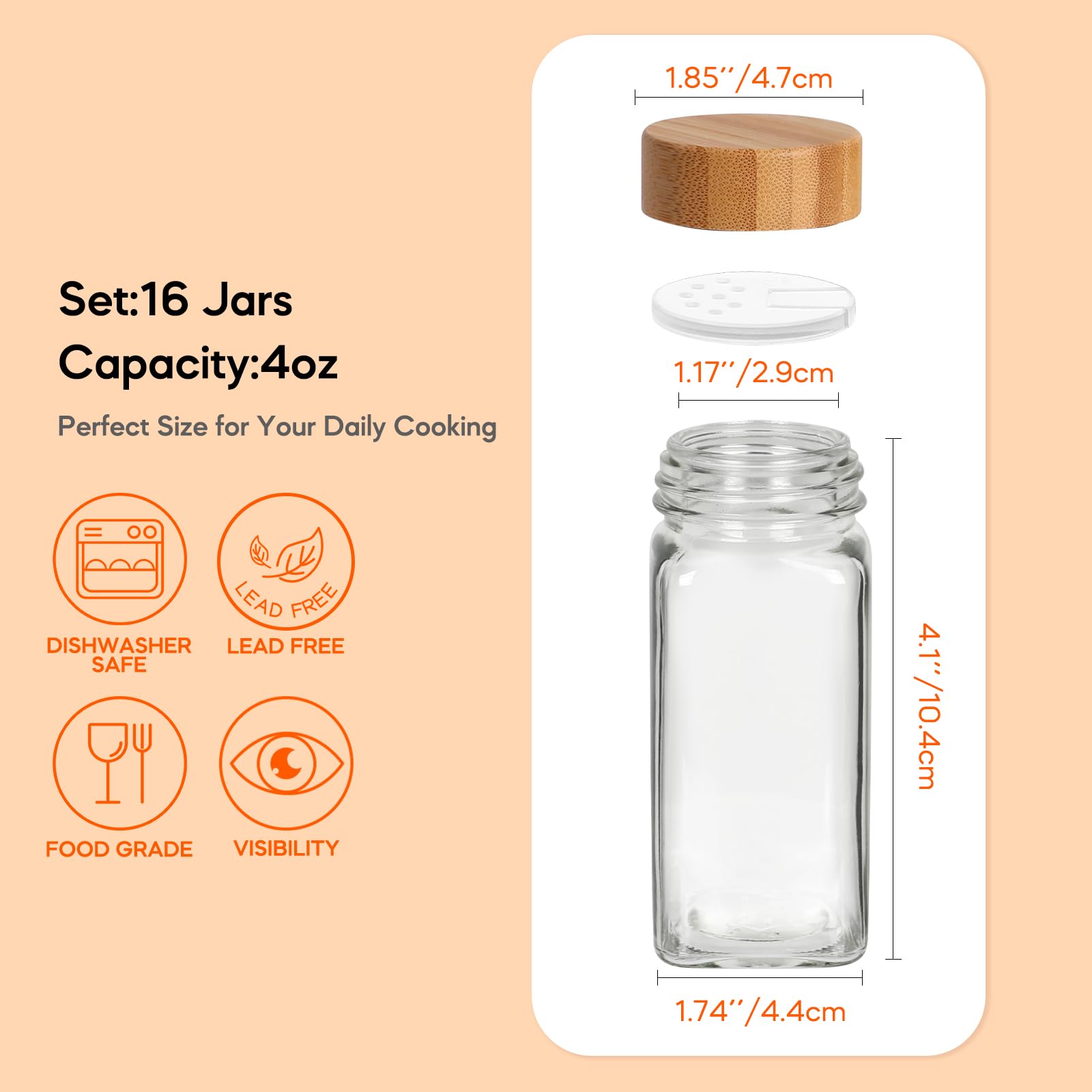 4oz Spice Jars with Bamboo Lids, 16pcs Glass Spice Jars with Labels, Shaker Lids, Funnel, Chalk Pen and Brush