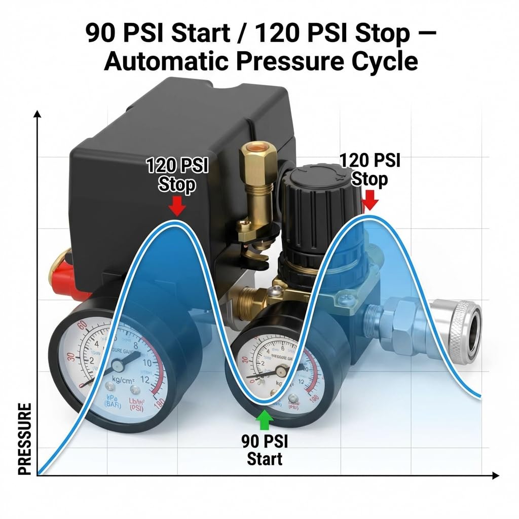 QWORK Air Compressor Pressure Switch Control Valve, 90-120PSI Pressure Regulator with Pressure Gauges Fittings Set