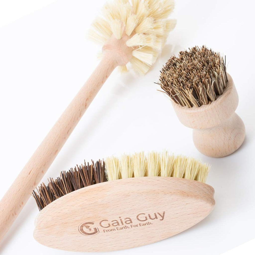 Wood and Tampico Bottle Brush - Pot Brush - Vegetable Brush Set - Zero Waste & Biodegradable Kitchen Brushes