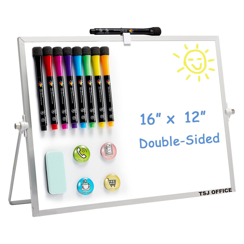 TSJ OFFICE Dry Erase White-Board - 12 X 16 Inches Portable Small Magnetic Whiteboard with Hooks for Wall, Mini Desktop Whiteboard 360 Degrees Revolving Double Sided Stand for Office, Home, School