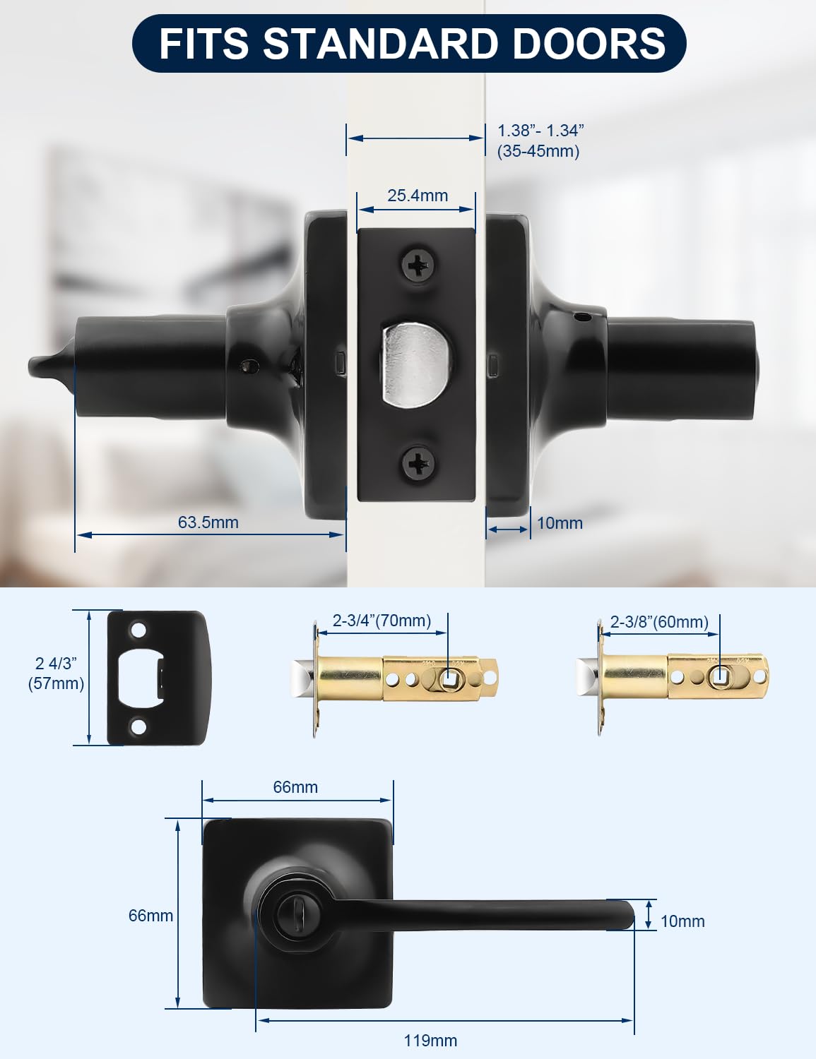Mengico Matte Black Door Handles Interior 1 Pack, Square Privacy Door Levers, Keyless Door Handle with Lock, Modern Black Door Knobs for Bedroom and Bedroom, Reversible for Right/Left Side