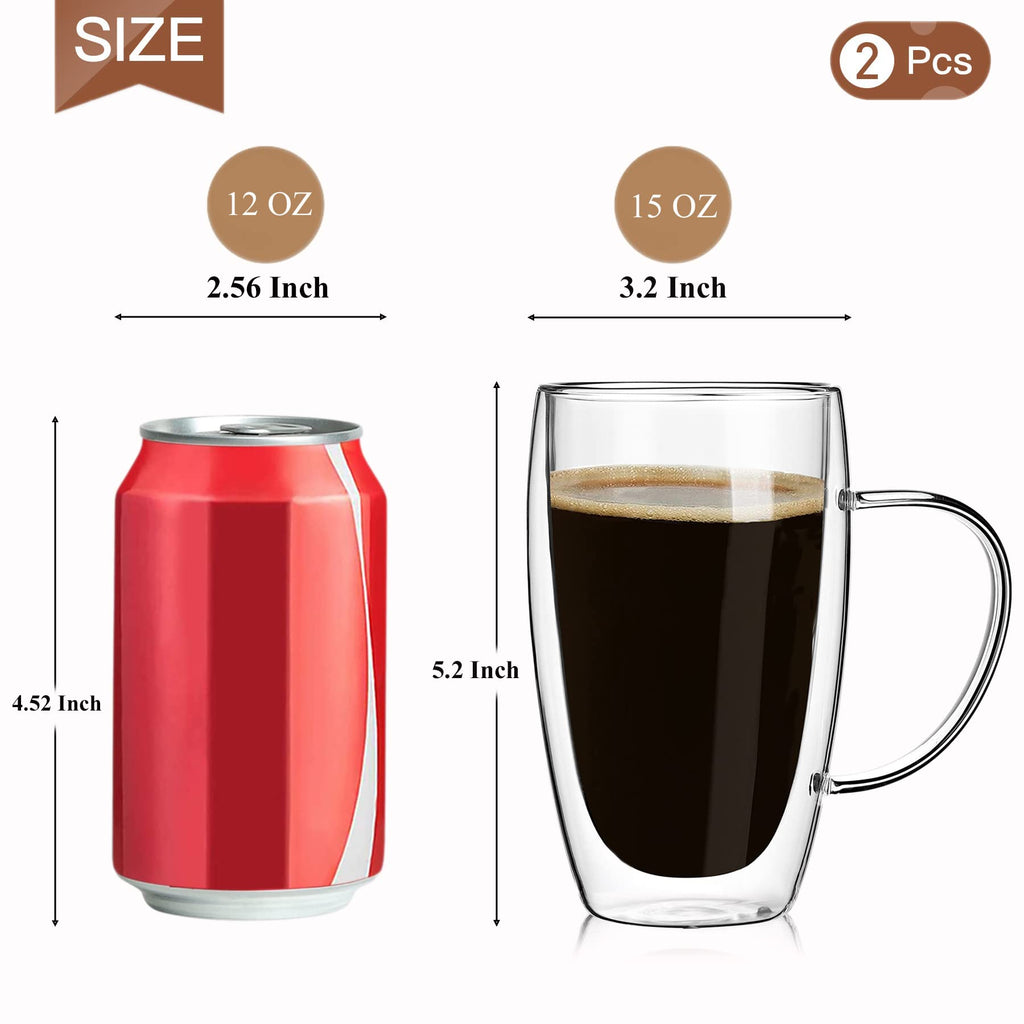 2-Pack 15 Oz Double Walled Glass Coffee Mugs with Handle,Tasse à café en verre Double paroi,Insulated Layer Coffee Cups,Clear Borosilicate Thermal Glass Mugs,Fit for Cappuccino,Tea,Latte,Hot Beverage
