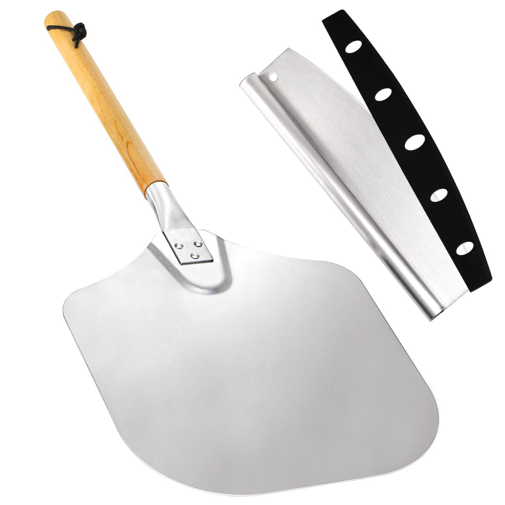 Peohud Aluminum Pizza Peel Paddle and Cutter,12" x 26" Pizza Spatula with Detachable Wooden Handle, Pizza Oven Accessories and Tools for Baking Pizza Breads, Dough, Bread, Pastry