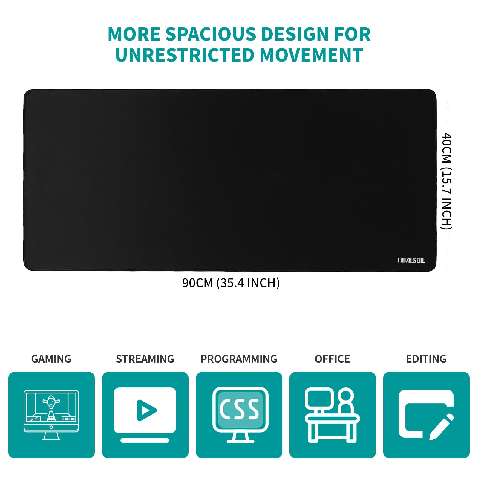 TIDALSOIL Large Gaming Mouse Pad 90 x 40 cm – Oversized Extended Desk Pad with Non-Slip Base, Stitched Edges Mousepad, Smooth Surface for Keyboard, Mouse, Office, Gaming and Work