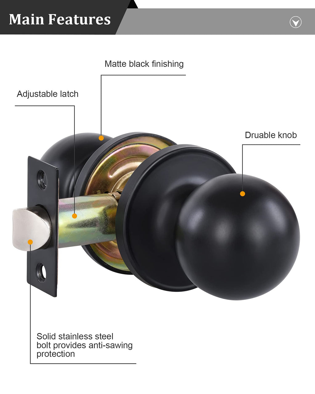 Matte Black Passage Keyless Door Knobs for Closet/Hall/Conference Room, Round Ball Interior Door Locks by Lanwandeng