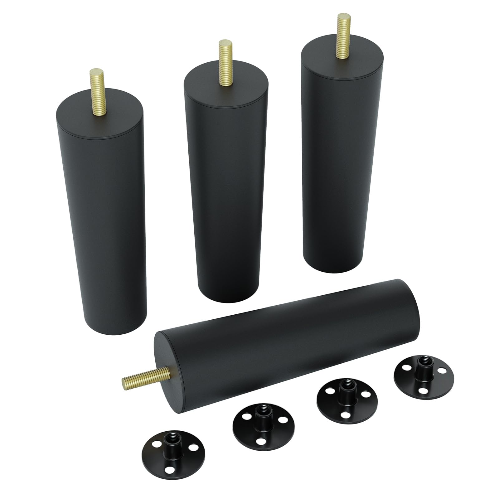 Aglaiprty 4 Pack 6 Inch Black Plastic Furniture Legs - Round Tapered Sofa/Couch/Chair Legs with M8 T-Nuts & Plate Nuts - Replacement Feet for DIY Projects, Coffee Tables, Dressers, Beds